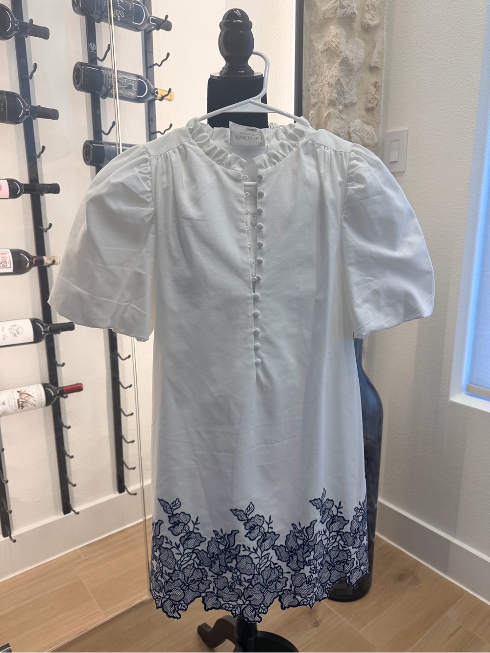 Women White Hyacinth House Embroidered Hem Puff-Sleeve Dress